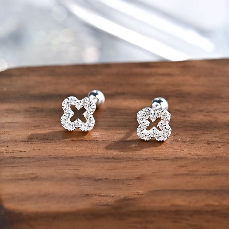 1pair 999 Sterling Silver Paved CZ Hollow Four Leaf Clover Screw Back Stud Earrings, Elegant Minimalist Style, For Daily Dating Wear & Women Holiday Gifts