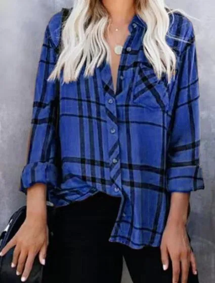 European And American Lapel Casual Long Sleeve Plaid Printed Lining Blue - Shop at LoveMi