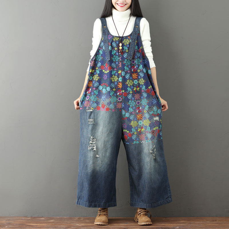 Women's New Printed Denim Frayed White Ripped Wide Leg Overalls Dark Blue - Shop at LoveMi