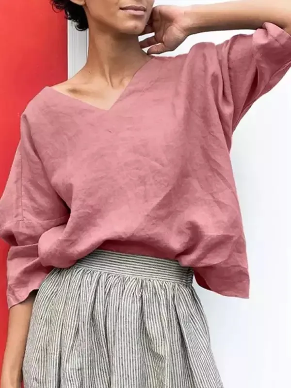 Women's Sleeve Cotton Linen V Neck T Shirt Pink - Shop at LoveMi