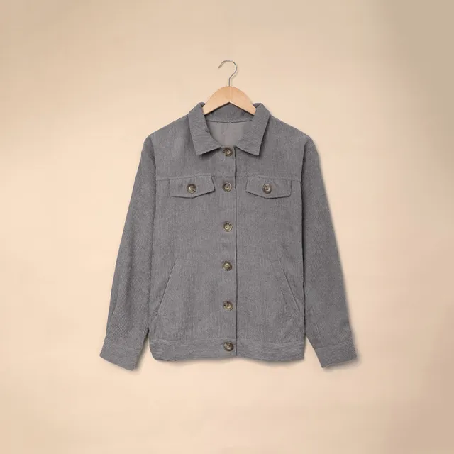 Pocket Button Casual Jacket Shirt Corduroy Grey - Shop at LoveMi