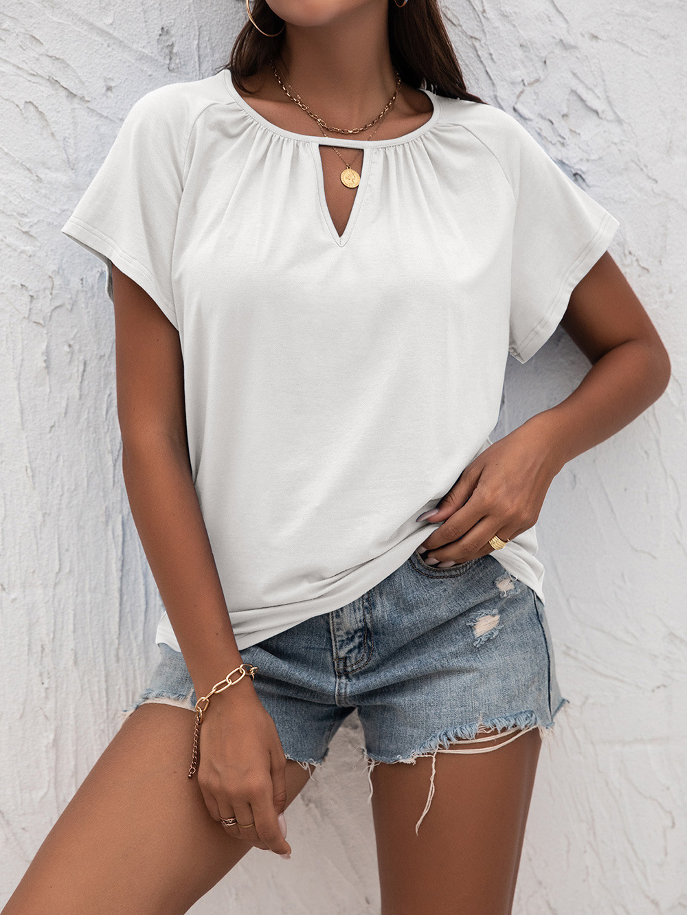 Title 12, Cutout Short Sleeve T-Shirt Crew Neck Loose Kni...