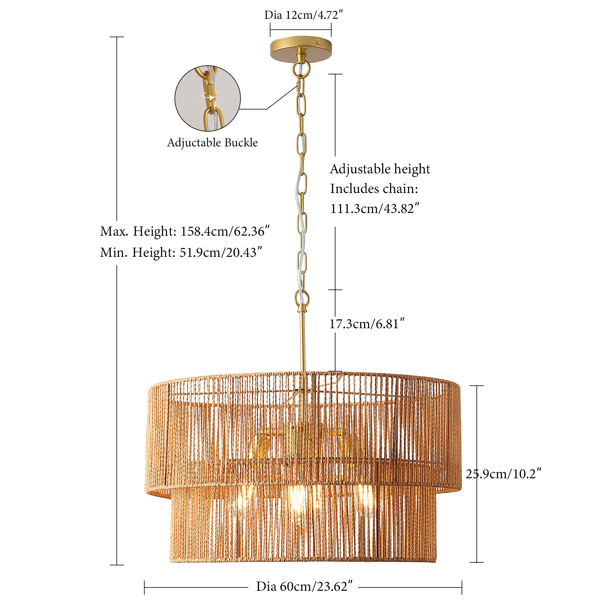 23.62in  Handwoven Woven Paper Rattan Chandelier, 2-Tier Boho Wabi-Sabi Pendant Light, Gold Metal Hanging Ceiling Lamp, Wicker Lighting Fixture For Dining Room Kitchen Island Living Room — foto 7