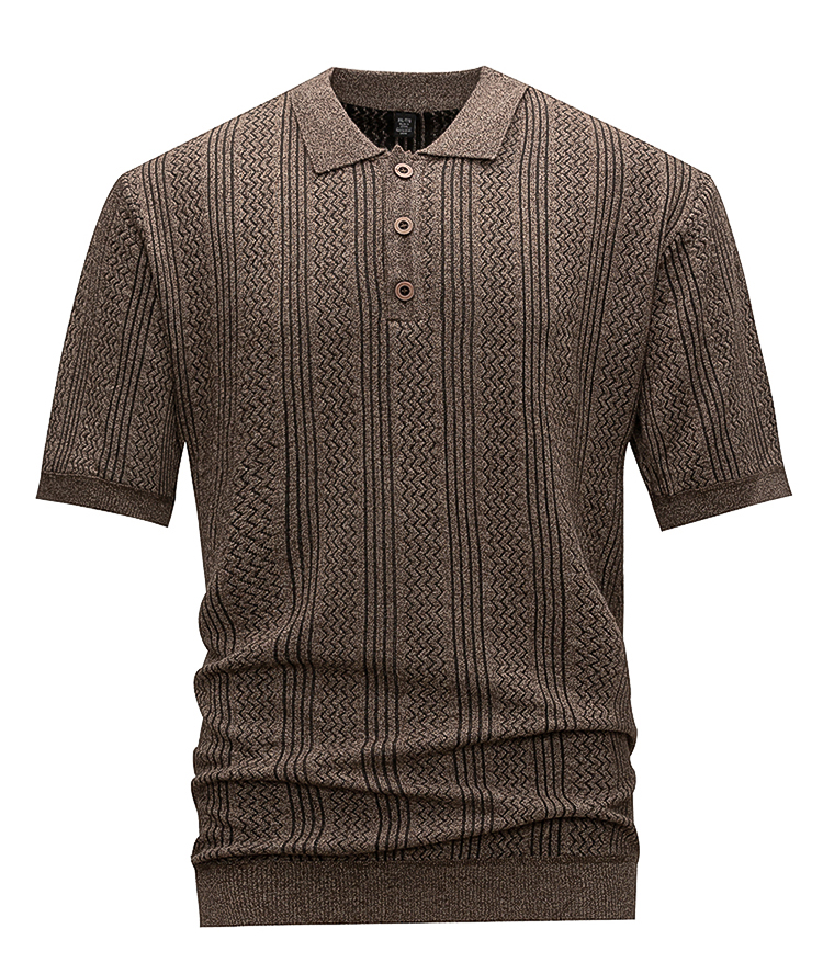 Men's Brown Textured Knit Polo Shirt, Short Sleeve Vertical Jacquard Stripes, Smart Casual