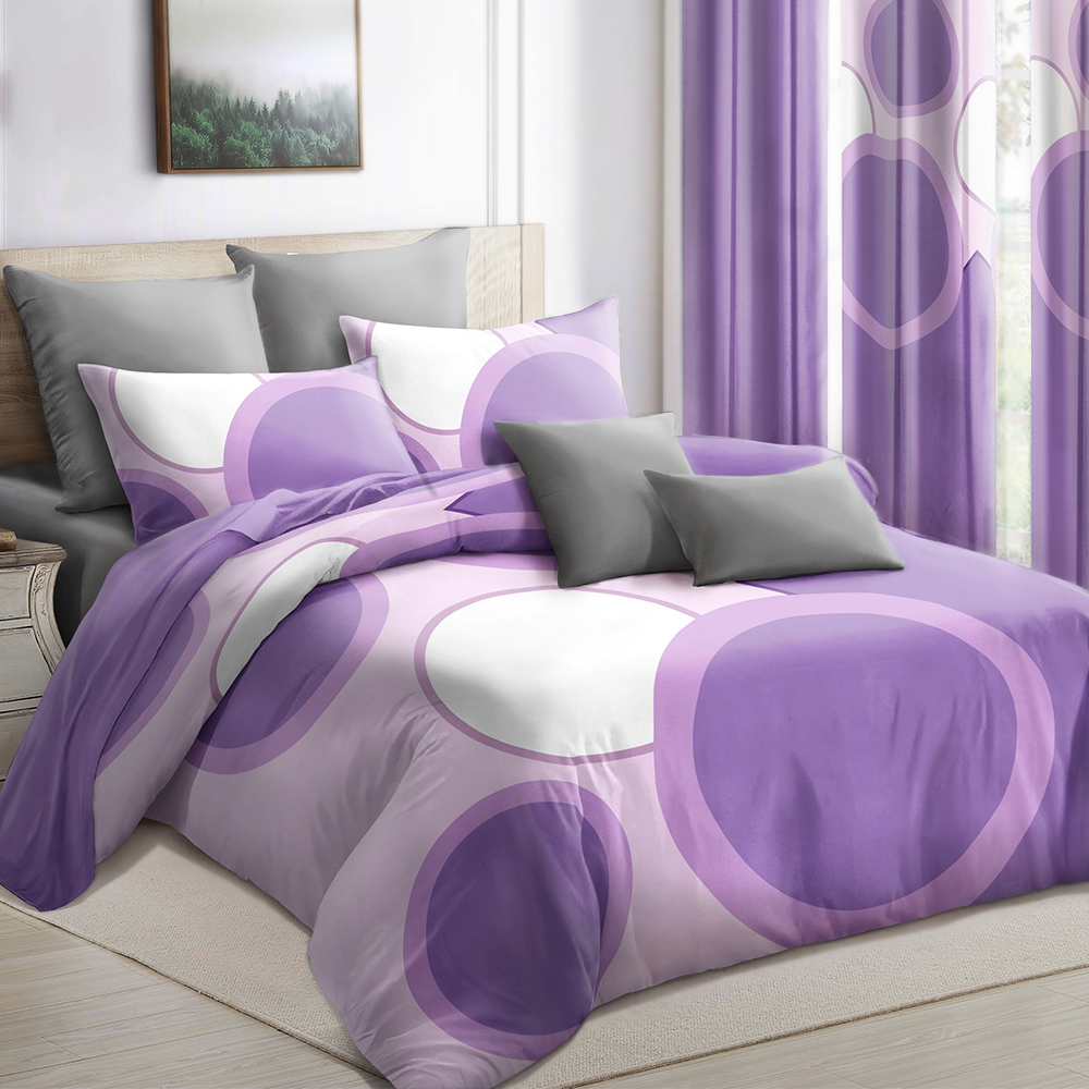9 Piece Room In A Bag Quilt And Curtain Set, US Designer Lavender Purple Geometric Circle Print Heavyweight Bedspread With 6 Customizable Window Panels, Pet-Friendly High GSM Coverlet — foto 3
