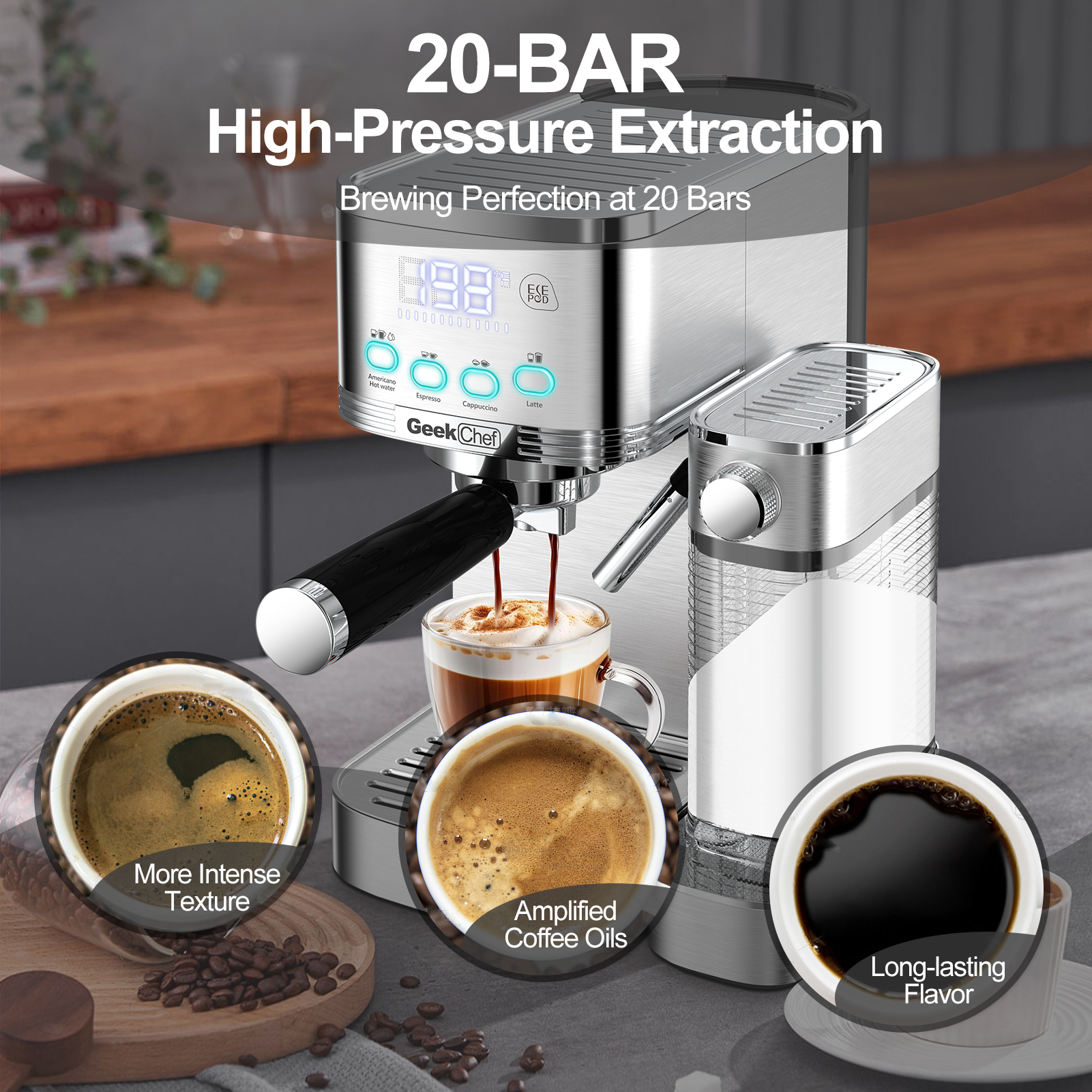 Geek Chef Espresso And Cappuccino Machine With Automatic Milk Frother, 20Bar Espresso Maker For Home, For Cappuccino Or Latte, with ESE POD Filter, Stainless Steel, Gift For Coffee Lover Ban On Amazon