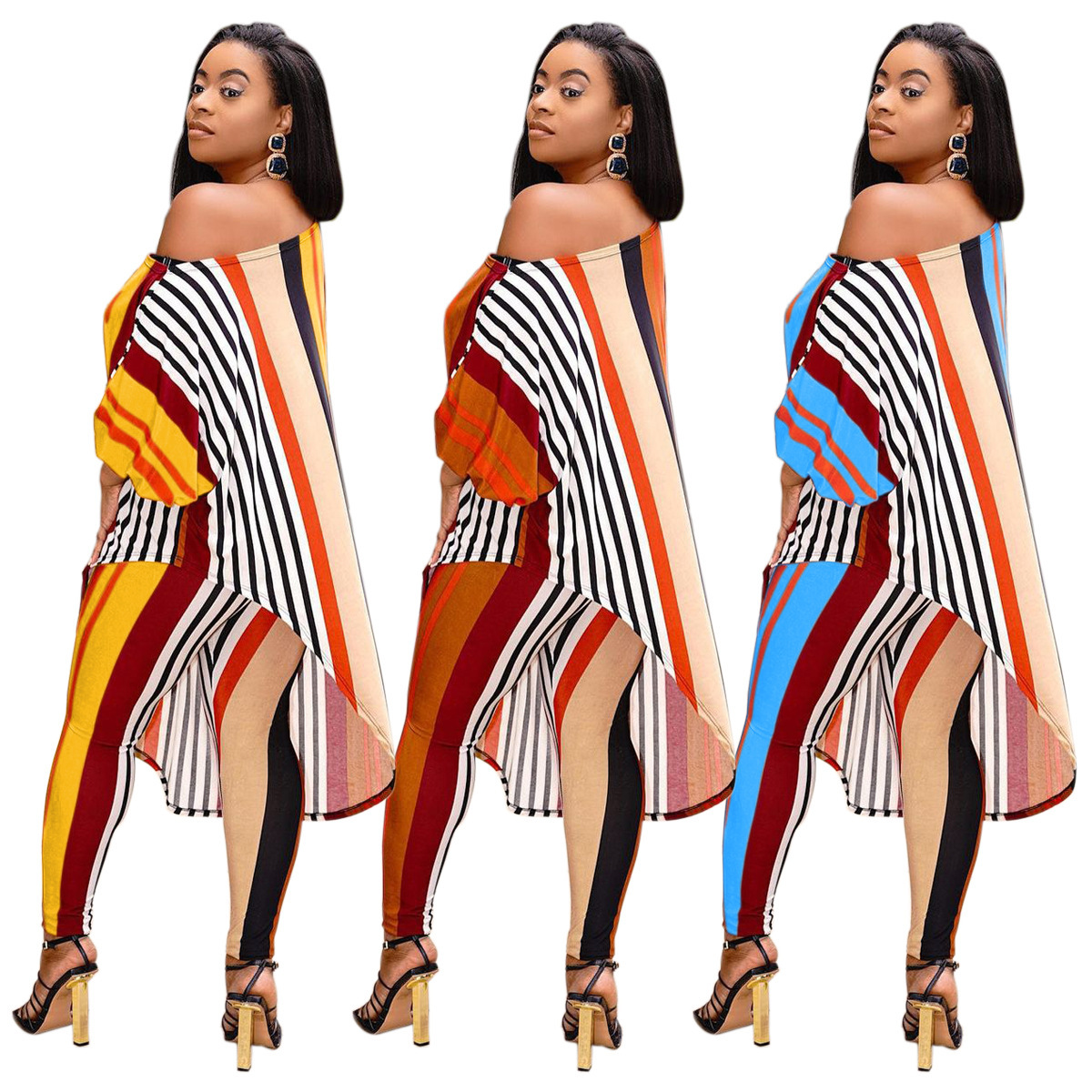 European And American Women's Fashion Stripe Printing Irregular T-shirt Suit