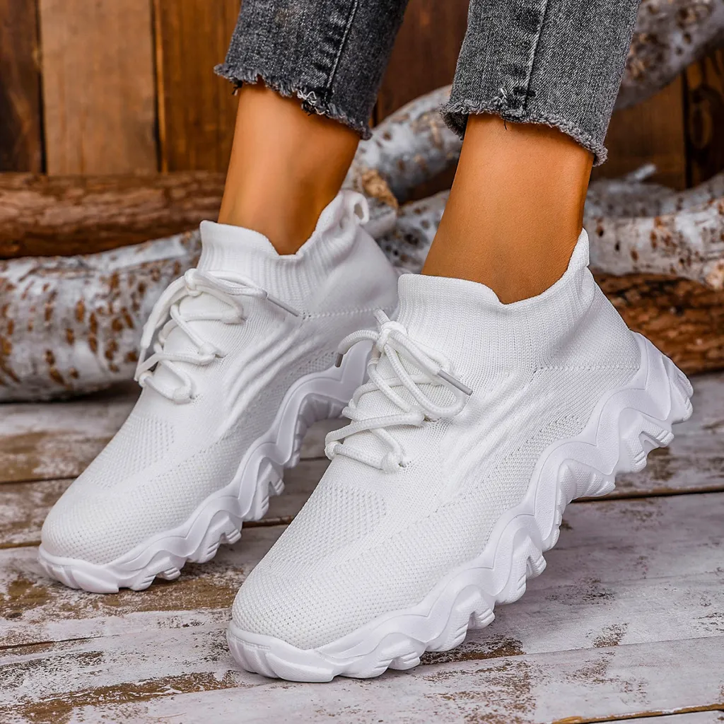 Lace-up Sneakers Lightweight Breathable Mesh Shoes Slip-on Running Walking Shoes For Women - White