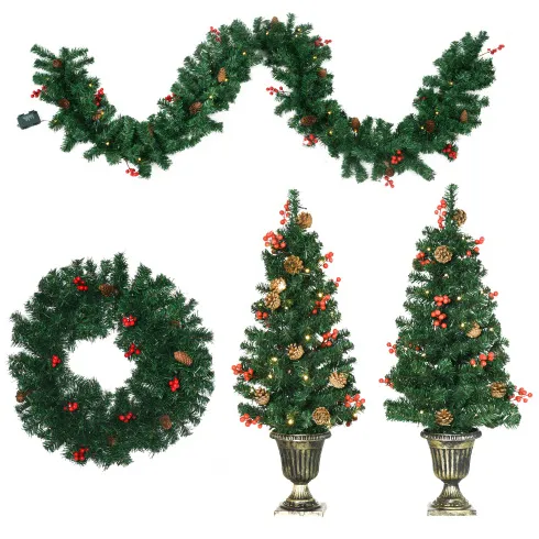 HOMCOM Prelit Holiday Christmas 4-Piece Set, Garland Wreath And Set Of 2 Entrance Trees With Warm White LED Lights, Red Berries, Pine Cones, Green ...