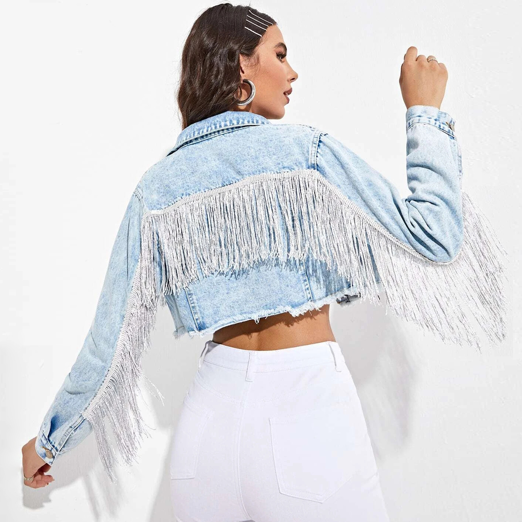 Women's Fashionable Fringed Stitching Distressed Denim Jacket Light Fried Blue - Shop at LoveMi