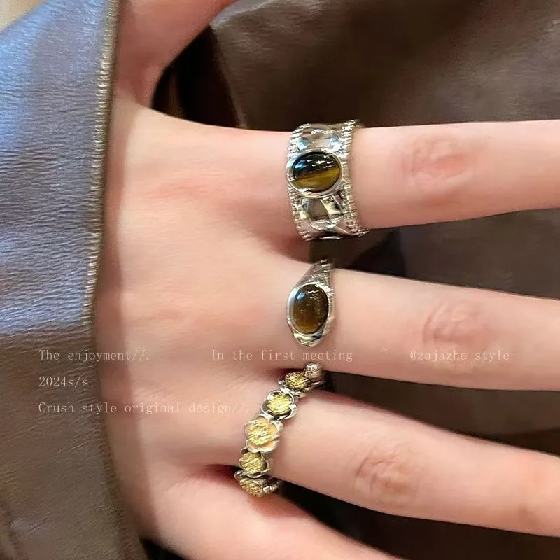 Maillard Tiger Eye Stone Adjustable Open Ring For Women, Minimalist Design Index Finger Ring, Vintage Heavy Industry Oval Band