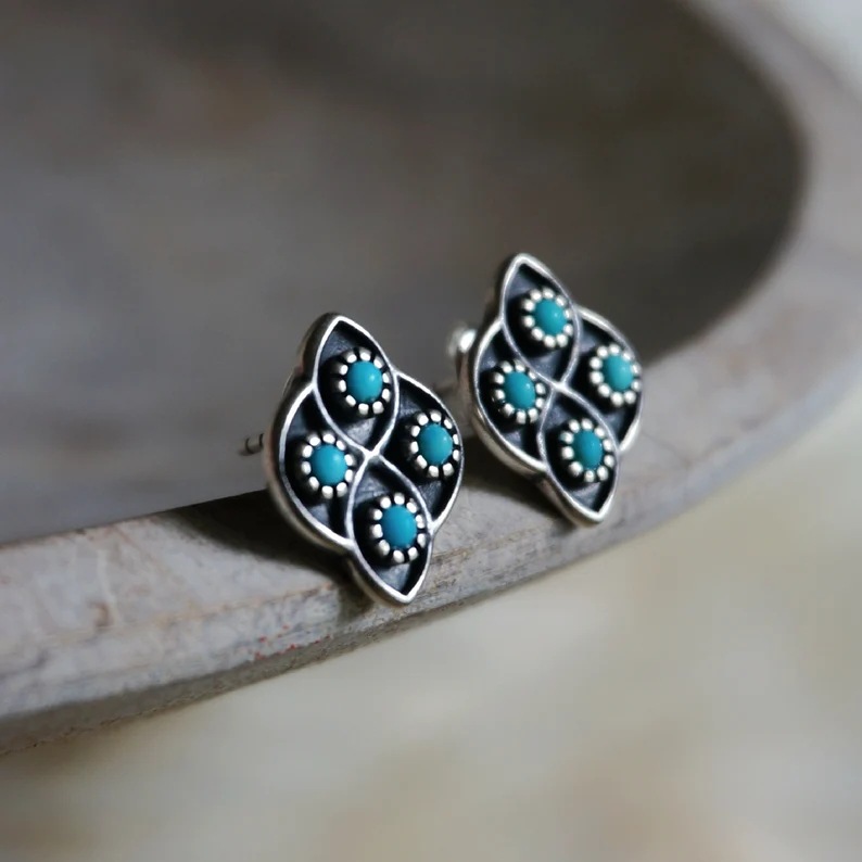 Title 1, Vintage turquoise Stud Oorbellen bloem diamant