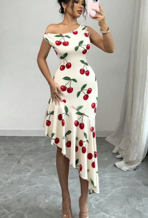 French-style Elegant Floral Print Off-shoulder Asymmetrical Fishtail Dress For Women