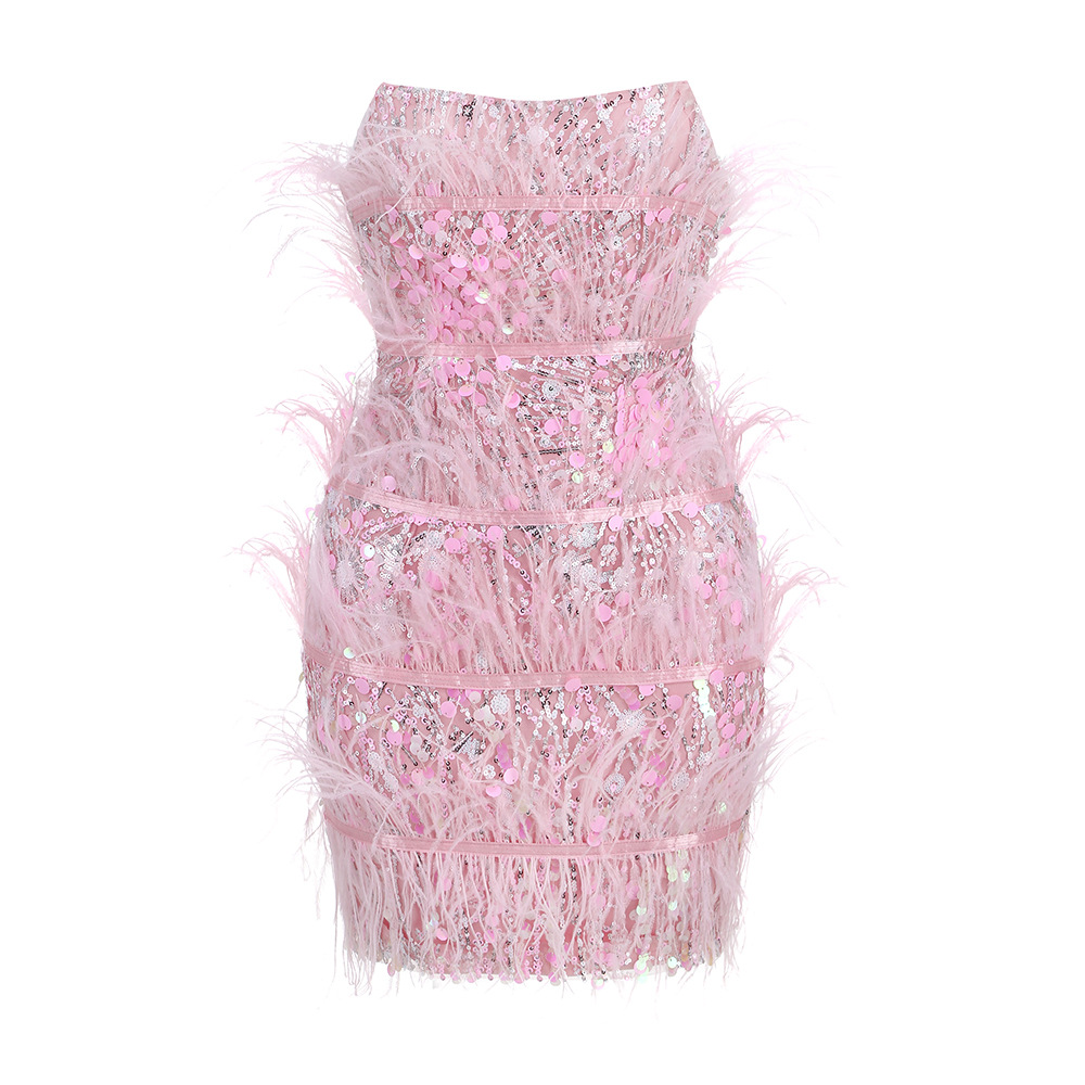 Summer  Women's Tube Top Color Sequined Feather Stitching Short Dress Party Dress