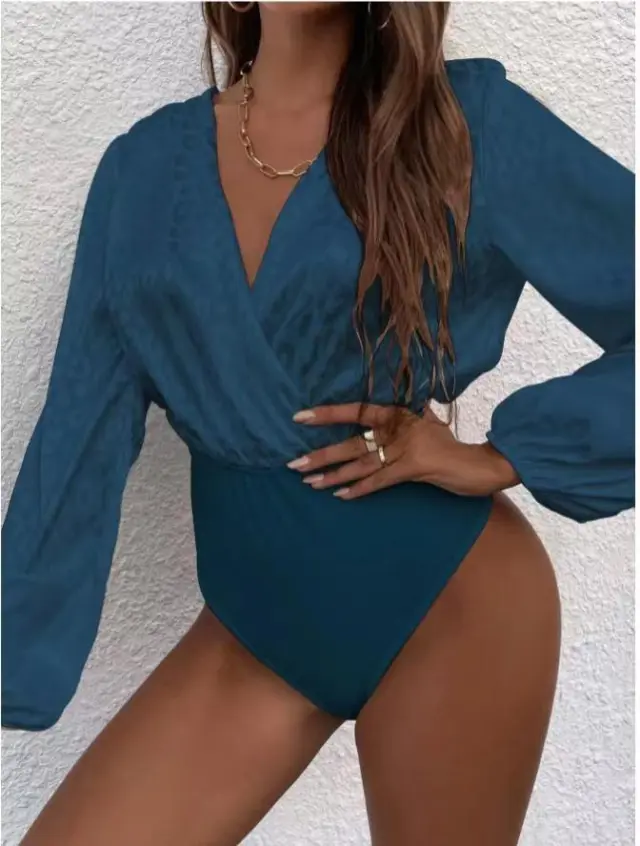 Women's Long Sleeve Collarless Jacquard Slim Bodysuit Blue - Shop at LoveMi