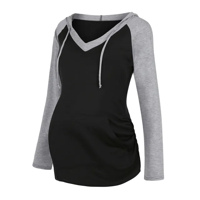 Autumn And Winter Color blocking Long sleeved Hooded Breastfeeding Jacket Grey - Shop at LoveMi