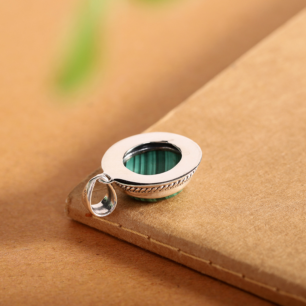 S925 Sterling Silver Simple Malachite Inlaid Pendant