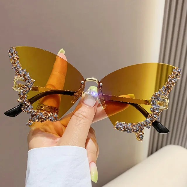 Luxury Diamond Butterfly Sunglasses Women Brand Y2K Vintage Rimless Oversized Sun Glasses Ladies Eyewear Shades Yellow - Shop at LoveMi