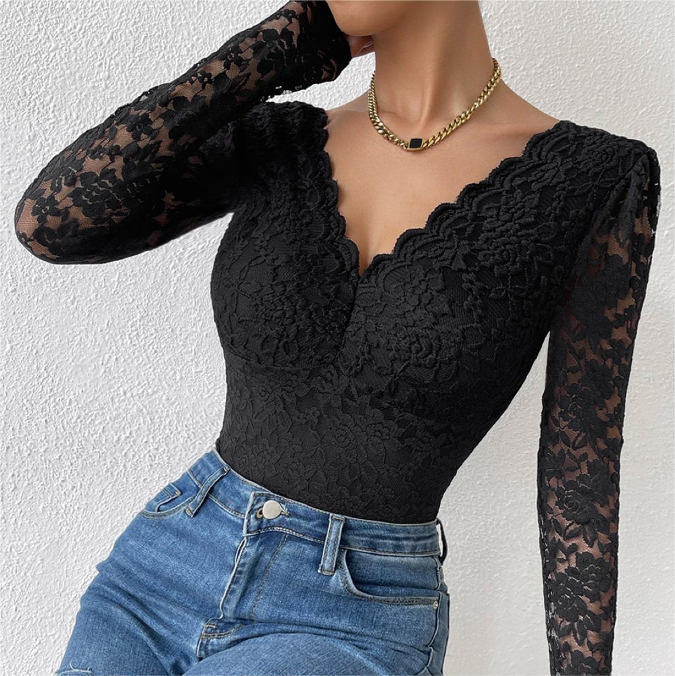 Title 6, Solid Color Lace Long Sleeve Hot Girl See-throu...