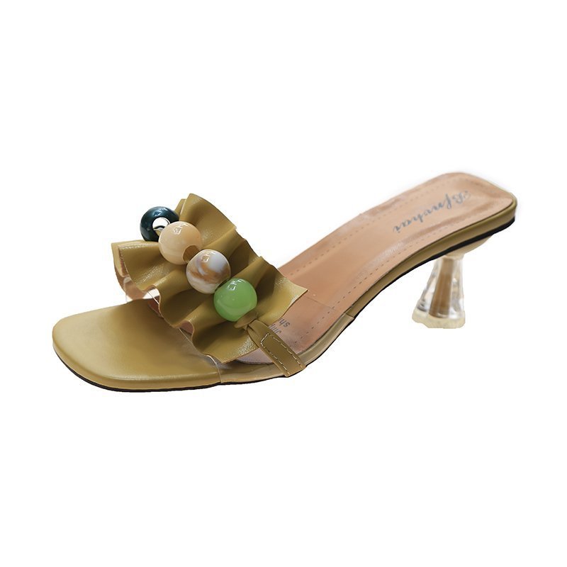 Ruffled Beaded Flip Flops Female Popular Fairy Style Thick With Female Sandals Yellow - Shop at LoveMi
