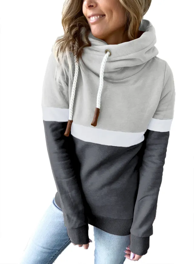 Solid Color Stitching Casual High neck Hooded Cross border Sweater Grey - Shop at LoveMi