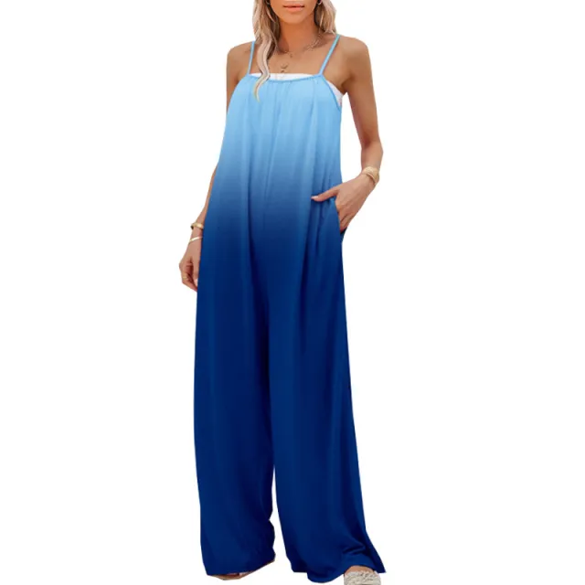 European And American Women's Plus Size Casual Loose Sleeveless High Waist Jumpsuit Blue - Shop at LoveMi