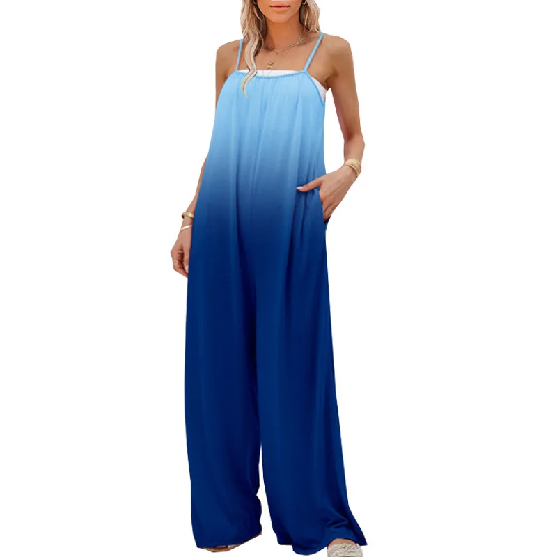 European And American Women's Plus Size Casual Loose Sleeveless High Waist Jumpsuit - Blue