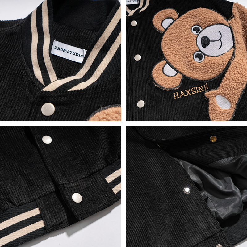 Japanese Retro Bear Flocking Overalls Jacket Men