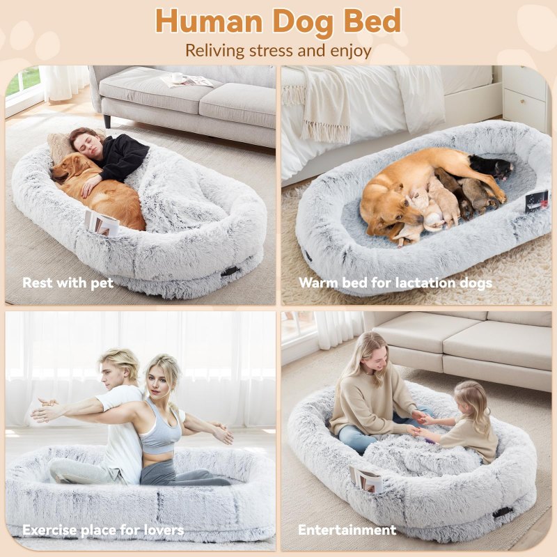 Human Dog Bed, 63''x31.4''x9.5'' Size Fits You And Pets, Washable Faux Fur Dog Bed For People Doze Off, Napping Orthopedic Dog Bed, Present Plump Pillow, Blanket, Strap - Grey 4