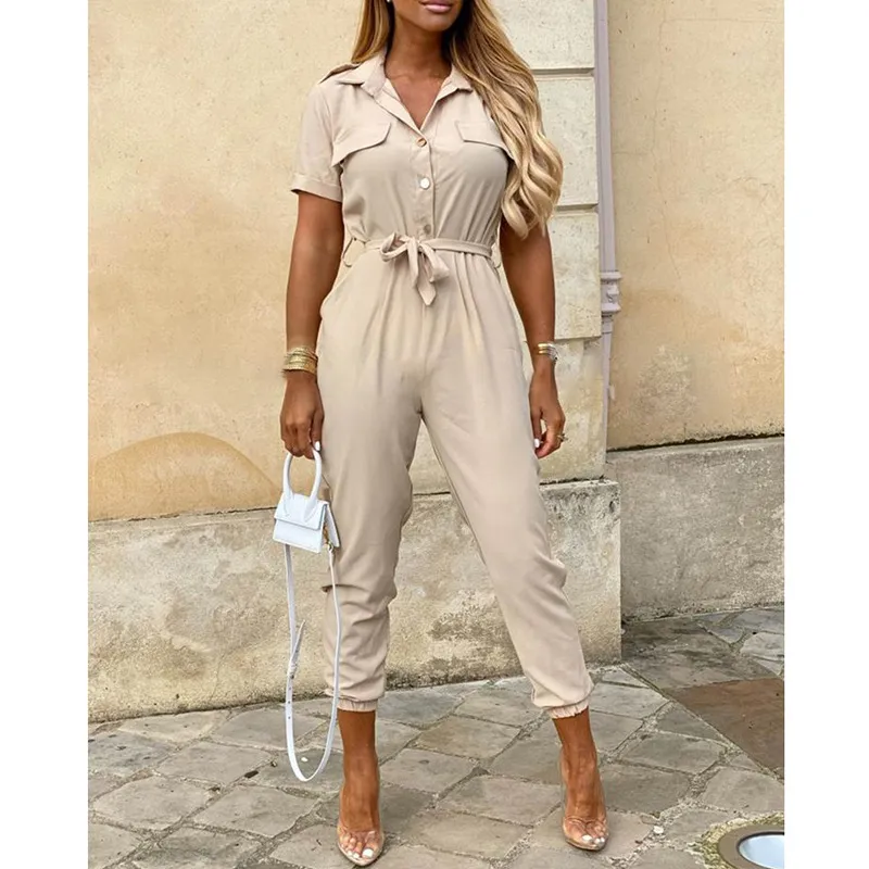 Casual Lapel Printed Belt Overalls - Beige