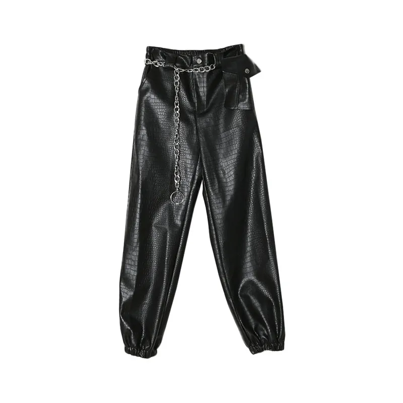 Women's Black Scaly Leather Overalls - Black
