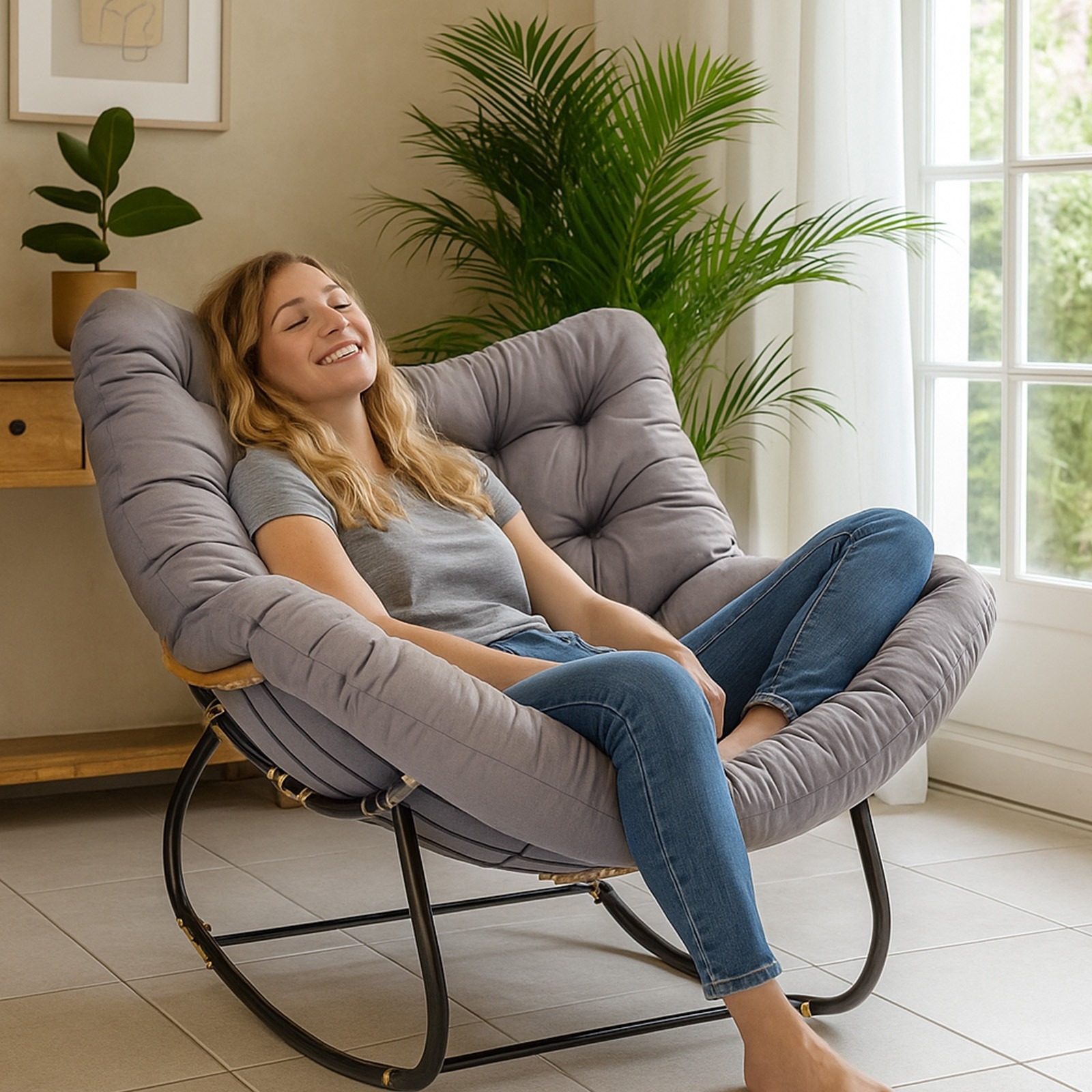 Garden Rocking Chair - Rattan Wicker Egg Cushioned Seat With Metal Frame — image 9
