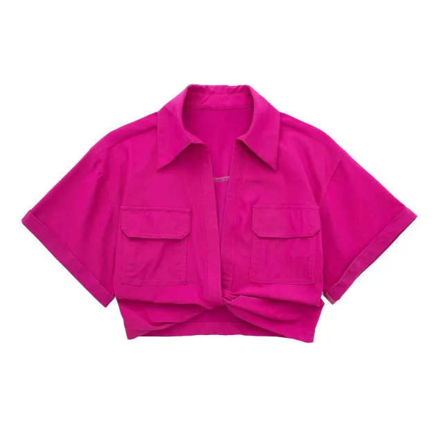 Solid Color Versatile Knot Embellishment Double Pocket Short Sleeved Shirt Rose - Shop at LoveMi