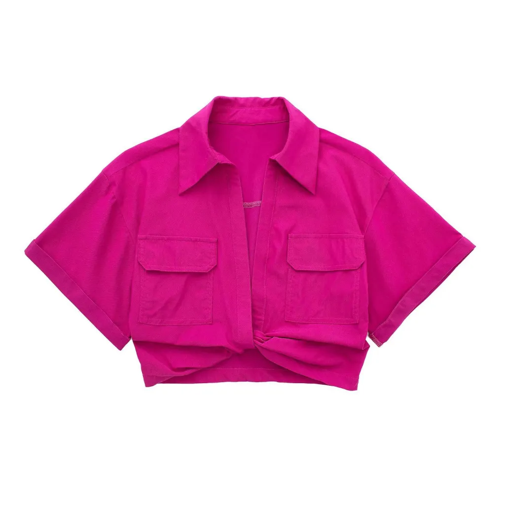 Solid Color Versatile Knot Embellishment Double Pocket Short Sleeved Shirt - Rose