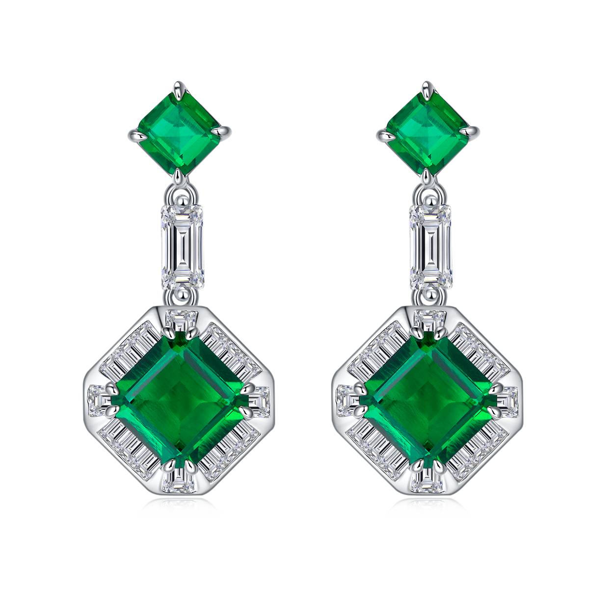 S925 Silver 5.3g Lab-Created Emerald Drop Earrings, 5.13ct Geometric Pair