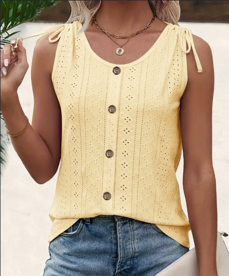 Eyelet Button Front Tank Top, Casual Sleeveless Tank Top For Summer, Women's Clothing Yellow - Shop at LoveMi