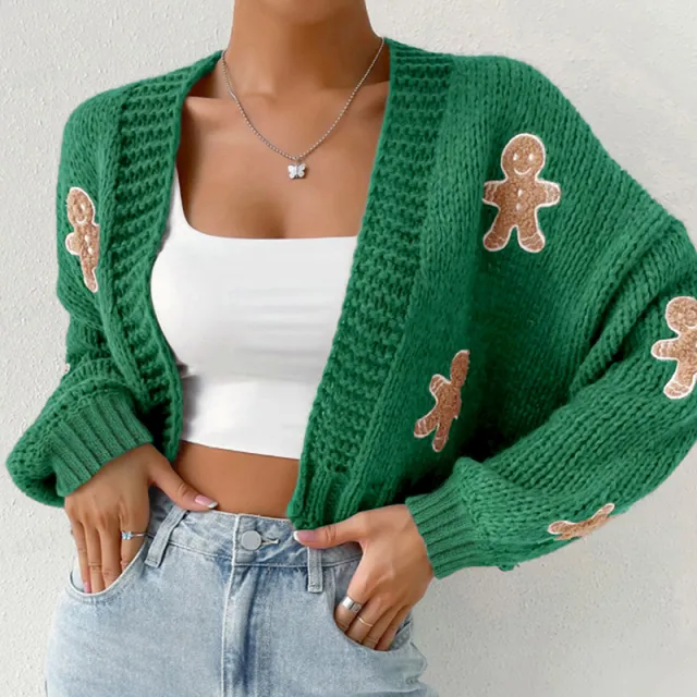 Gingerbread Man Knit Cardigan Women's Solid V Neck Ribbed Cuffed Short Sweater, Casual Spring Autumn Polyester Top Green - Shop at LoveMi