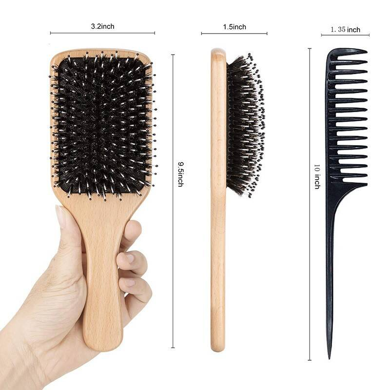 Boar Bristle Hair Brush With Nylon Pins For Smoothing & Detangling Curly Hair Brush For Women & All Hair Types Includes Cleaning Tail Comb Flexible Cushion & Wooden Handle Hairbrushes For Wome