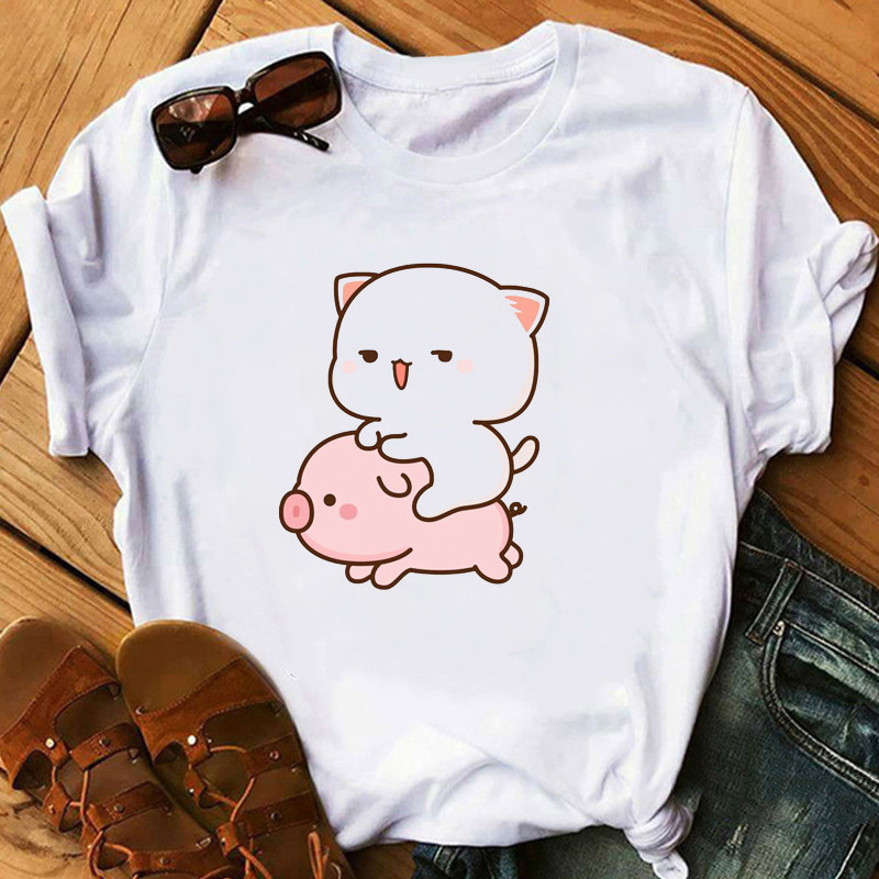 Title 13, Cute Cartoon Cat Print Couple White T-shirt Loo...