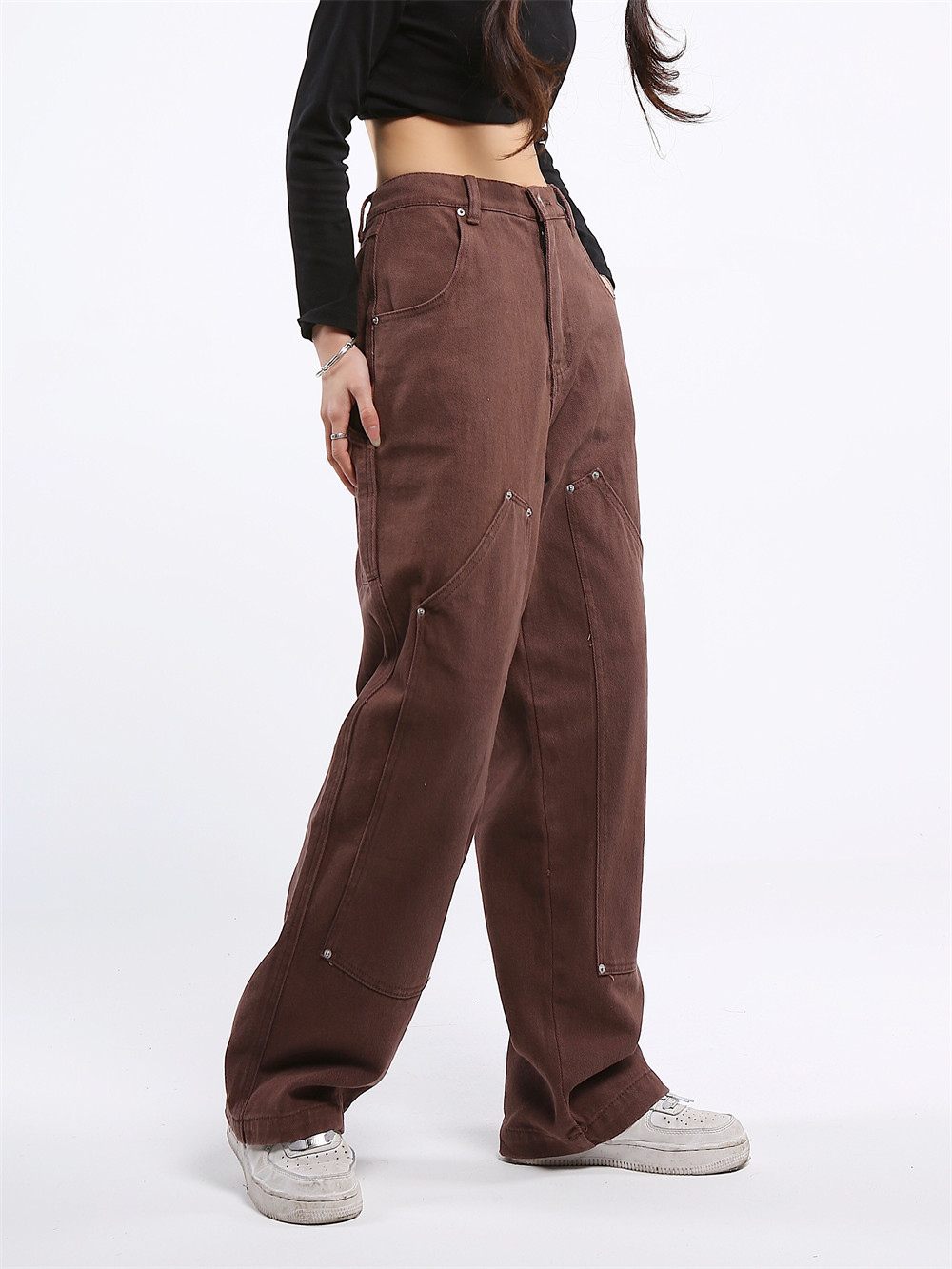 Tooling Street Loose Straight Multi-pocket Solid Color Jeans