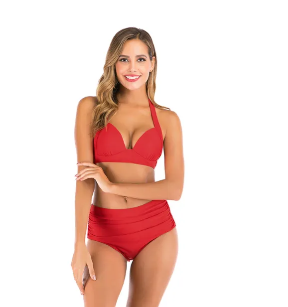 Sexy Printed High-waisted Two-piece Swimsuit - Red