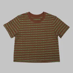 Loose Horizontal Striped Short-sleeved T-shirt Versatile Casual Round Neck - Brown - View 1