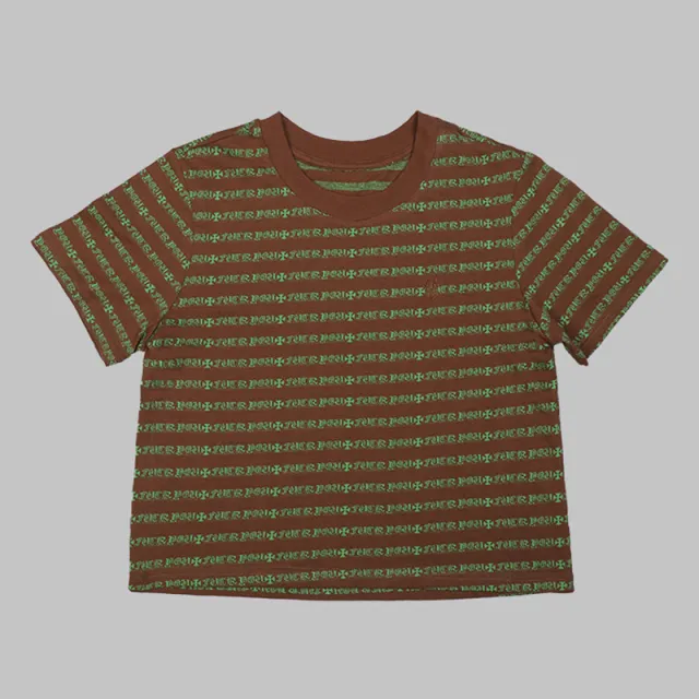 Loose Horizontal Striped Short sleeved T shirt Versatile Casual Round Neck Brown - Shop at LoveMi