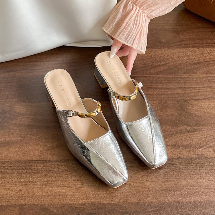 Square Toed MULler Shoes With Toe Caps, Cool Slippers, Women's Thick Heels, High Heels, Half Drag Single Shoes