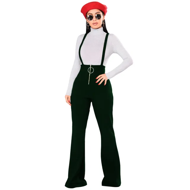 High Waist Big Round Button Zipper Flared Leg Suspenders Green - Shop at LoveMi