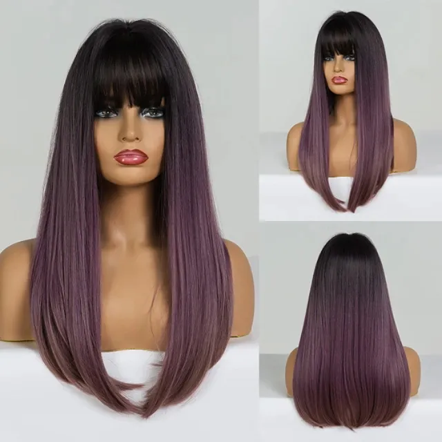 Black Gradient Mixed Purple With Bangs Long Straight Hair K207 - Shop at LoveMi