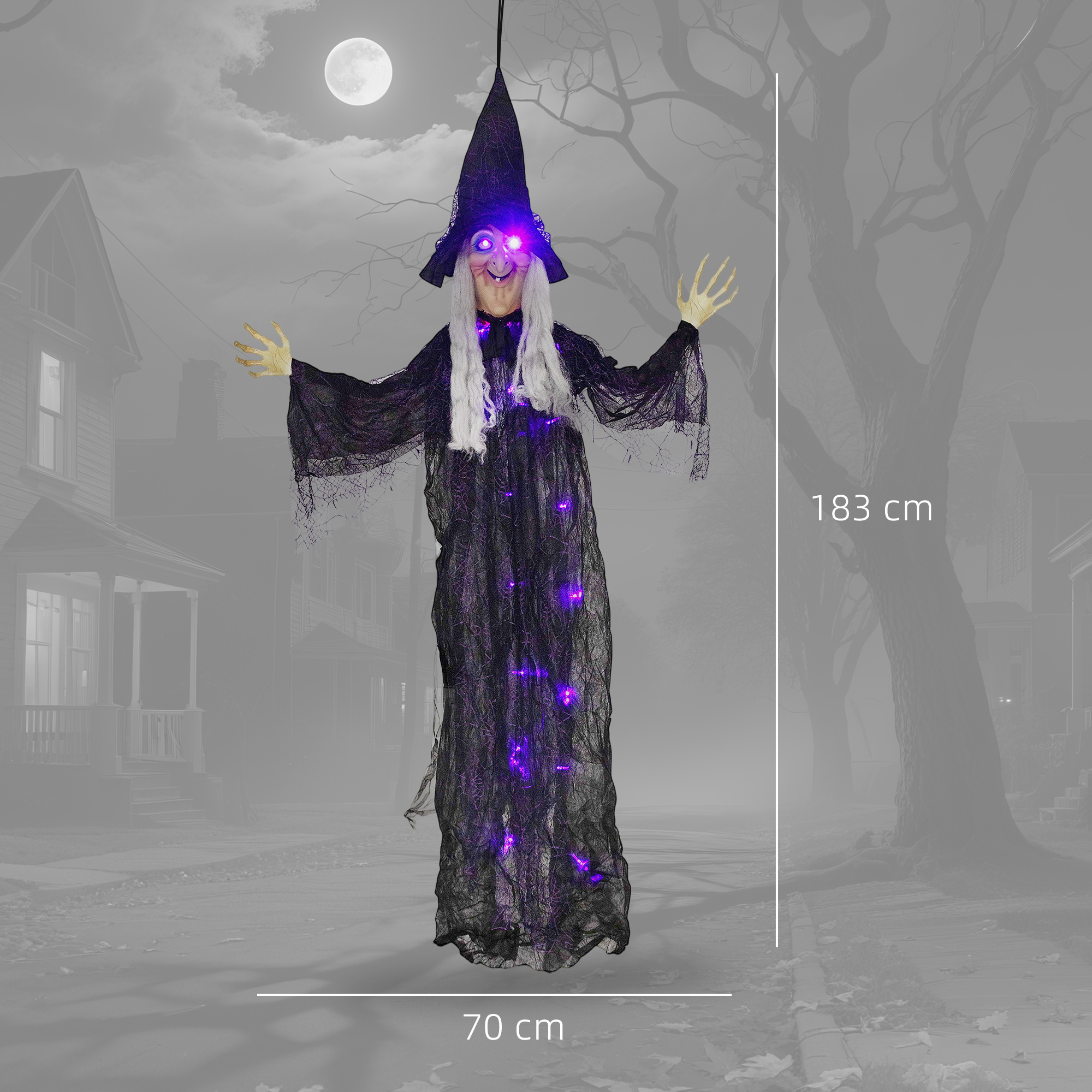183 Cm Life Size Halloween Animated Hanging Witch With Glowing LED Eyes & Body — image 2
