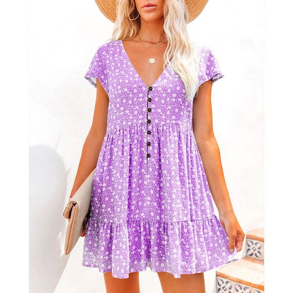 V Neck Button Small Floral Short Sleeve Loose Casual Dress Purple - Shop at LoveMi