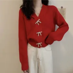 Women's Loose Lazy Style V-neck Short Knitted Cardigan Jacket - Red - View 1