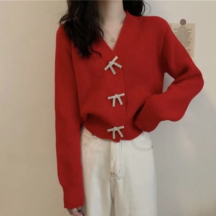 Women's Loose Lazy Style V-neck Short Knitted Cardigan Jacket - Red